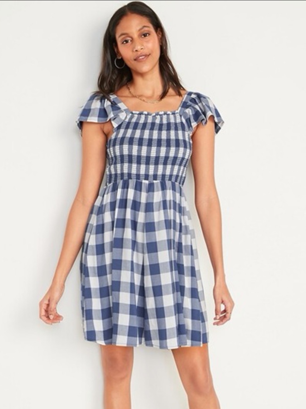 Old Navy Blue and White Gingham Smocked Mini Fit and Flare Dress Size XL Tall
